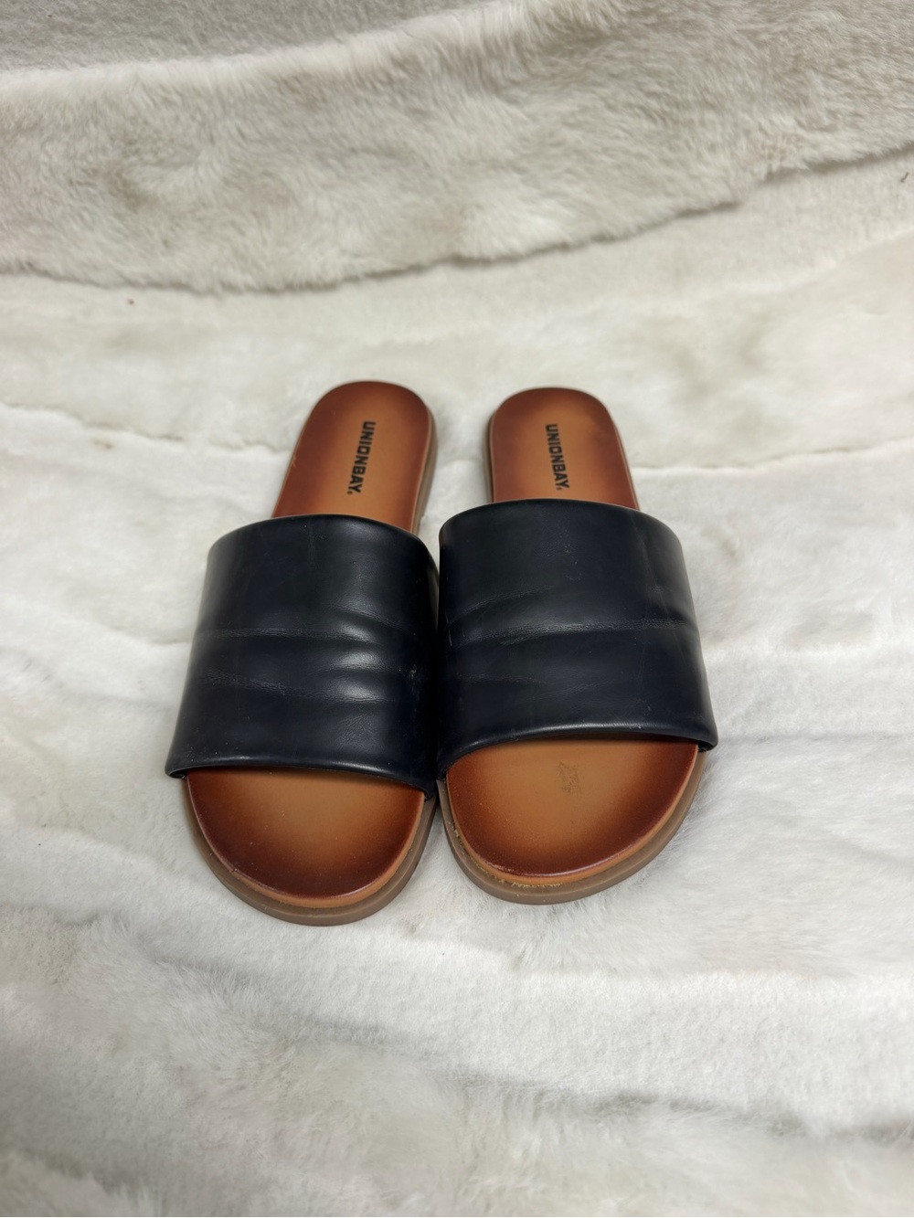 UNIONBAY Black Slide Sandals with Brown Footbed